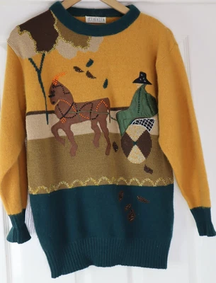 Vintage Retro 80er D'Imalia Perlen Pullover Lammwolle & Angora Pferd und Buggy Herren L - Bild 1 von 4