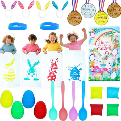 27 Pack Easter Outdoor Party Games for Kids, 4 Bunny Potato Sack Race Jumping Ba