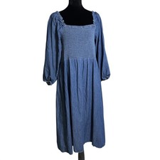 Tommy Hilfiger Denim Smocked Square Neck Midi Dress Women Large Blue Puff Sleeve