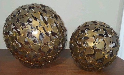 Vintage MCM Metal Welded Key Ball Sphere Atomic Sculpture Set Of 2 