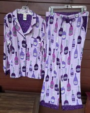 Munki Munki Flannel Pajama Set M Pink Purple Champagne Print Bamboo Cotton