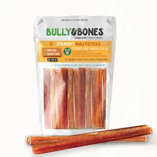 Bully & Bones 12 Inch Odor Free Straight Bully Sticks (12 Pack) for Dogs That...