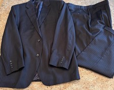 90  s Jack Victor 2 Pc Wool Suit Made In Canada 46R 38.5x29 Navy Blue Pinstripe