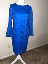 Alfani Blue Floral Lace Sheath Dress 3/4 Bell Sleeve Round Neck Lined 4 WPL8046