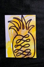 Original ACEO Pineapple Line Art Yellow Mini Painting Mixed Media by HelloAsha