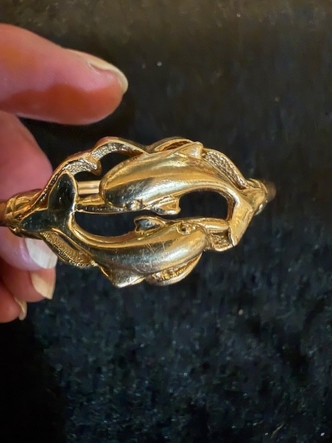 14K Solid Yellow Gold Double Dolphin Bangle Brace… - image 6