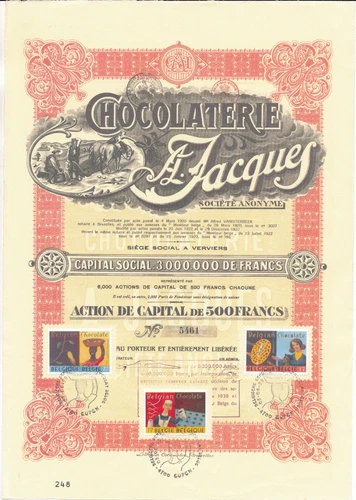 Chocolaterie A. Jacques S.A. Verviers 1920 - Action 500 Francs No. 5461 #22830
