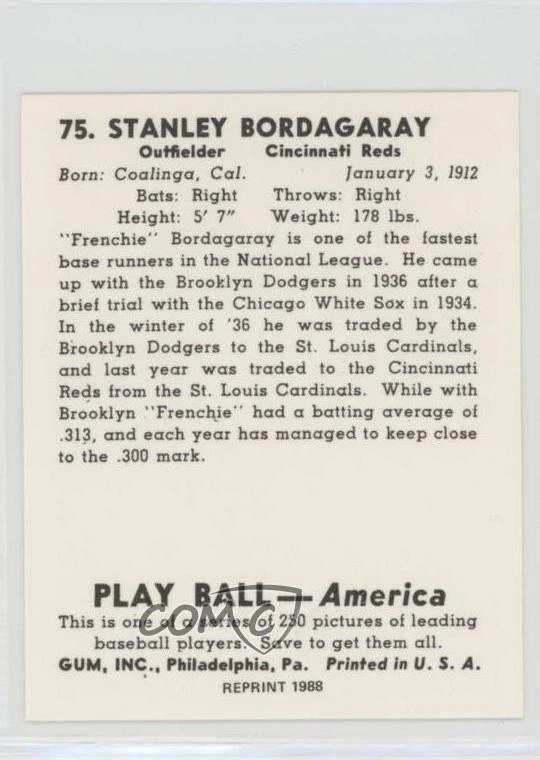1988 CCC 1939 Play Ball Reprints Stan Bordagaray #75 - Image 2 of 2