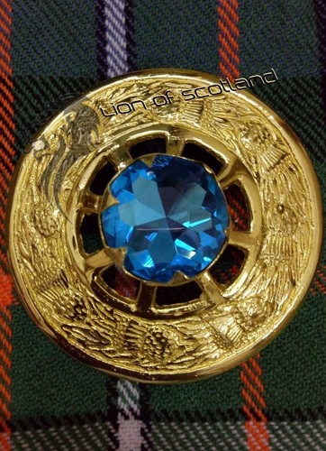Scottish Kilt Fly Plaid Brooch Various Stone Gold Finish 3" Celtic Brooches Pins - Picture 8 of 23