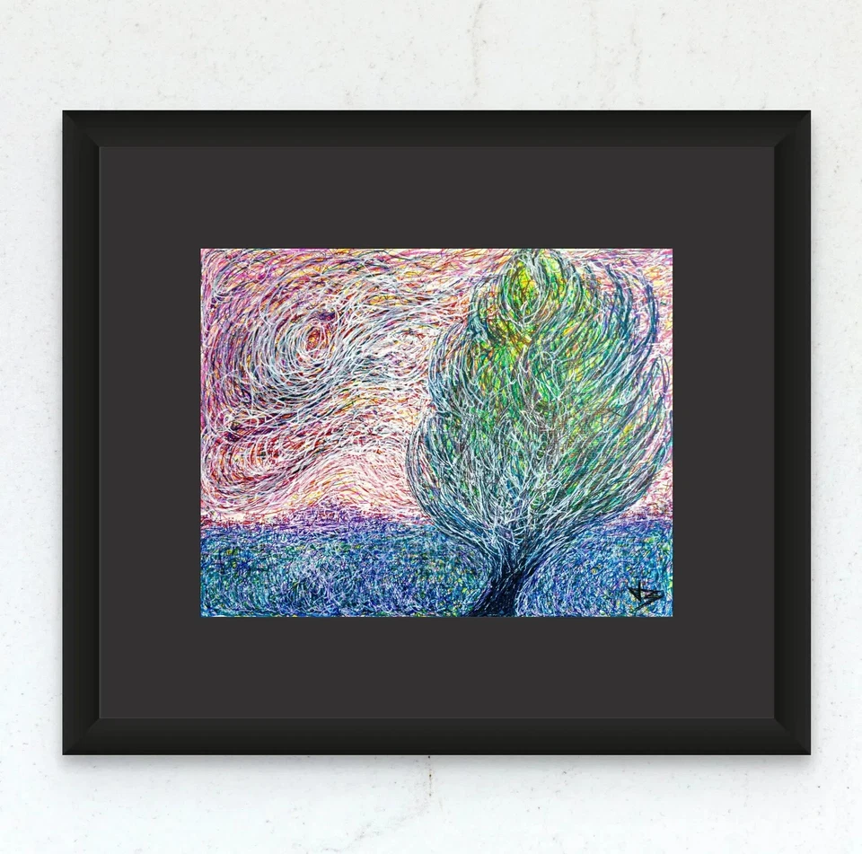 Pluma y rotulador Windy Day original 11x14 dibujo paisaje colorido no Van Gogh Foto 3 de 4