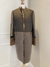 Etro Brown Wool/cashmere Tweed Contrast Panel Fur Trim Coat Size 44/12uk