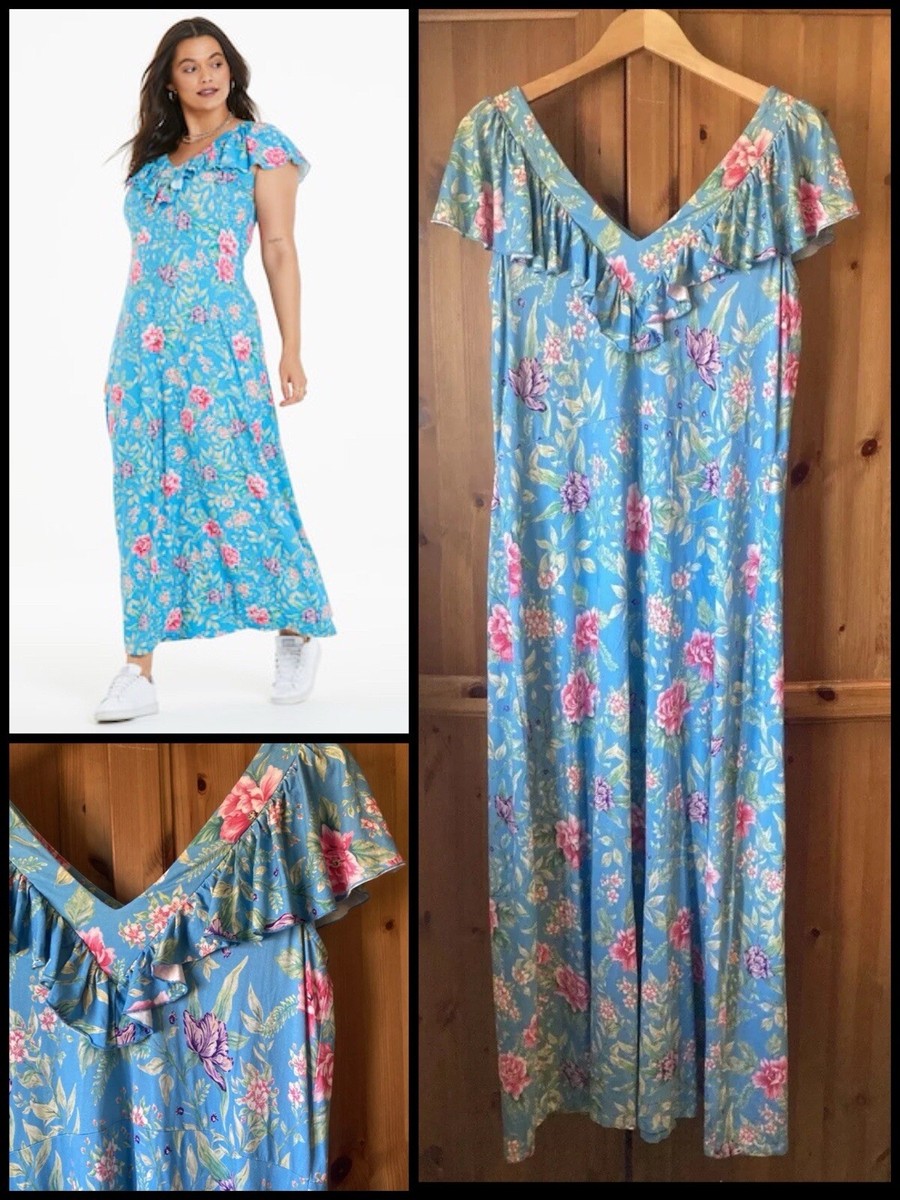 JOE BROWNS : Sky Blue Floral Ruffle Front Maxi Dress : U.K. 16 JOE BROWNS : Sky Blue Floral Ruffle Front Maxi Dress : U.K. 16