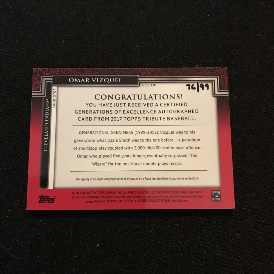 2017 Topps Tribute Omar Vizquel Generations of Excellence Auto Autograph #76/99 - Image 2 of 2