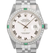 Rolex Datejust Steel White Roman Dial Diamond Emerald Bezel Jubilee 36mm Watch