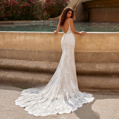 Sexy Lace Mermaid Wedding Dresses Illusion Applique Backless Bridal Gowns  Train | eBay