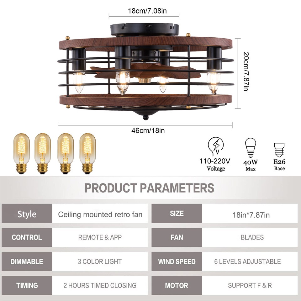 Industrial Caged Ceiling Fan Light Fixture W/Remote Control Bladeless