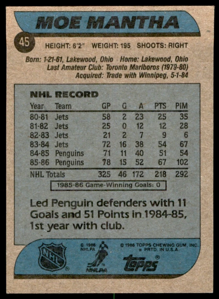 1986-87 TOPPS MOE MANTHA . PITTSBURGH PENGUINS #45 - Image 2 of 2