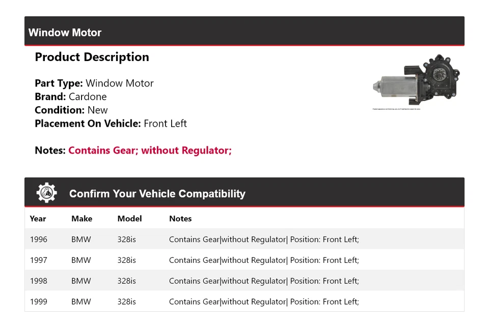 For 1996-1999 BMW 328is Window Motor Front Left Cardone 1997 1998 - Image 2 of 4