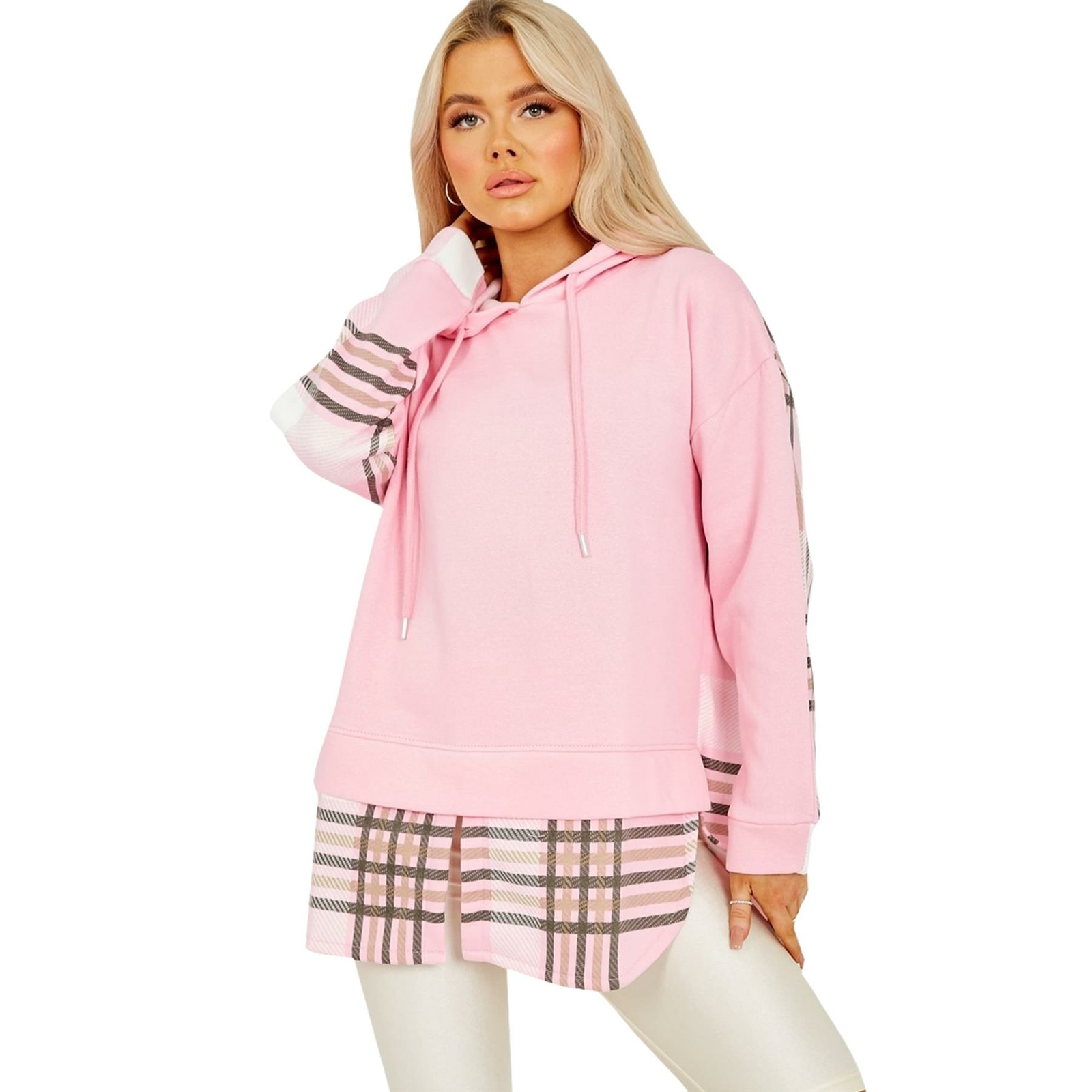 Mujer Chaqueta con Capucha Blusa Cuadros Rosa Estampado Bloque Cremallera Camisa