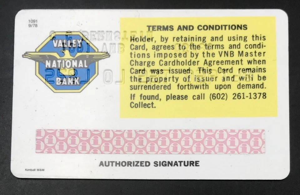 Tarjeta de crédito interbancaria Valley National Bank of Arizona Master Charge 1980 de colección Foto 2 de 2