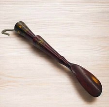 Wood Shoe Horn Inlaid Brass Painted Scrollwork with Hanging Chain 9.5 inch