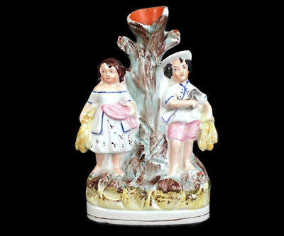 1850s Flatback Staffordshire Pottery Spill Vase Pair  Boy/Girl Harvesters #5