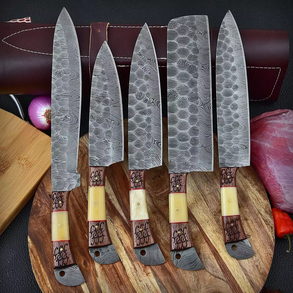 Custom Handmade HAND FORGED DAMASCUS STEEL CHEF KNIFE Set Kitchen Knives