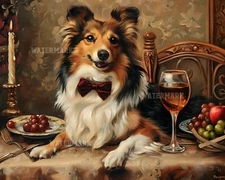 8x10 Matte Print Shetland Sheepdog in Bowtie Dining Scene