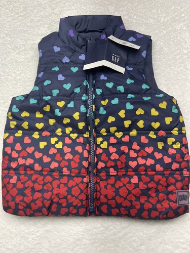 GAP Girls Size 3 Years Multicolor Hearts Cold Control Full Zip Puffer Vest NWT - Picture 2 of 10