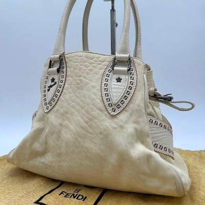 FENDI Etniko Tote Bag Leather Handbag Ivory