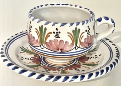 Spanish Pottery Hand Painted Florals Coffee/ Tea  Cup & Saucer Signed MA Spain