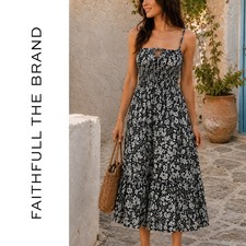 Faithfull The Brand, Floral Canyon Black White Smocked Midi Dress Size 2 XS