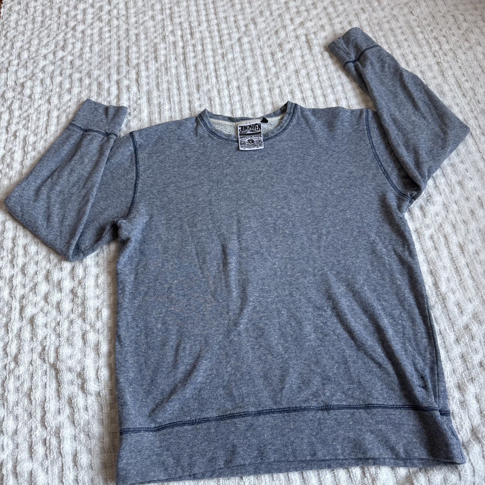 Jungmaven L Large 55% Hemp Organic Cotton Crewneck Sweatshirt Blue Stripe Fleece