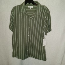 Free Assembly Men M Texture Camp Button Dress Shirt Green Striped 100% Cotton DR