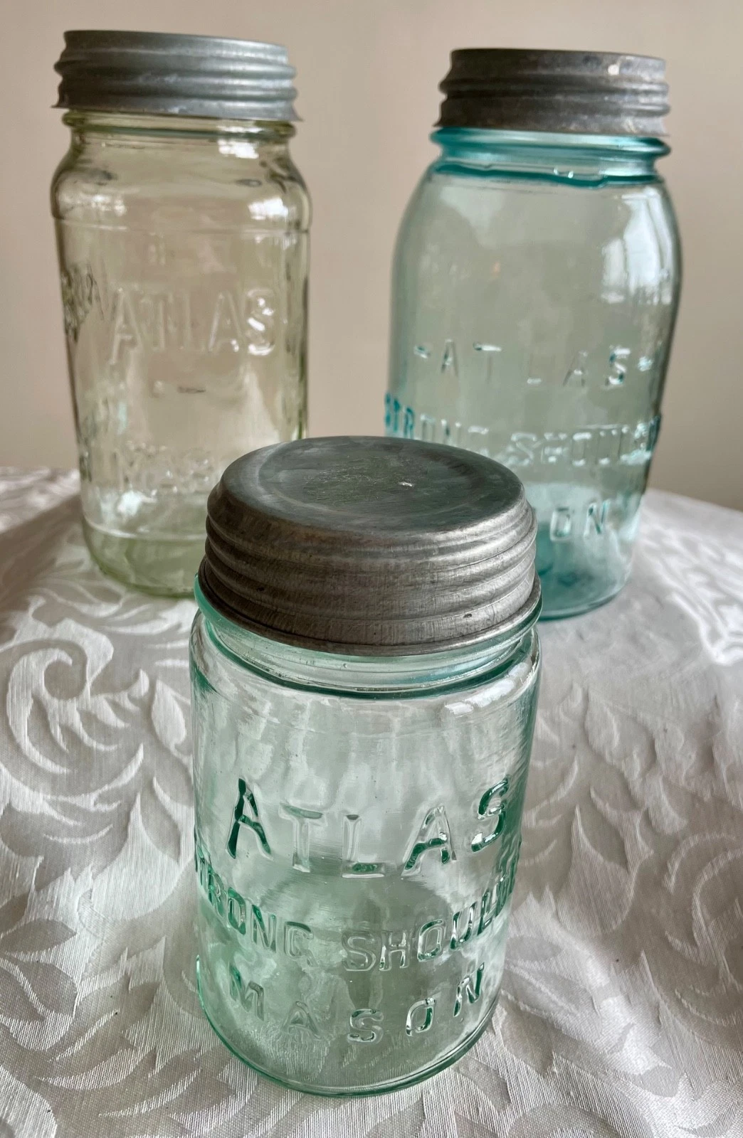 Vintage glass Atlas mason jars (3) light green, aqua blue with zinc lids