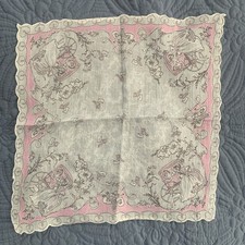 Vintage Pink Handkerchief Romantic Carriage Scene Lady Hearts 1950s Hankie
