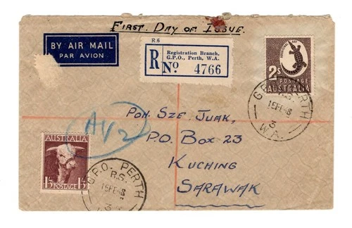 O450 Australia 1948 Perth WA - FDC - Registered Airmail AV2 Cover to SARAWAK -