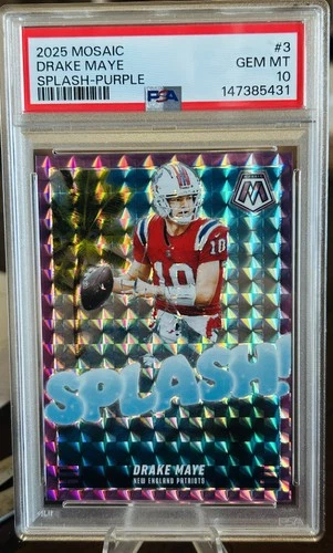 2025 Panini Mosaic Splash Drake Maye #3 Purple Prizm (RC) /49 PSA 10  POP 1