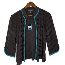 Ming Wang Jacket L Brown Blue Trim Open Front Textured Knit Career Chic NEW