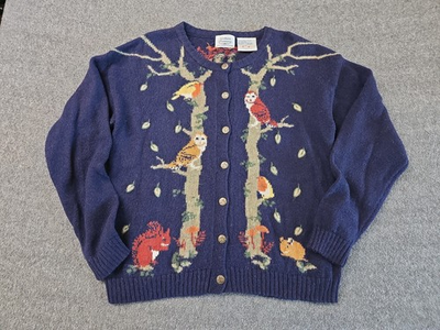 #ad Northern Treasures Vtg 100% Wool Button Up Cardigan Womans Sz Lg Woodland Owls $78.00