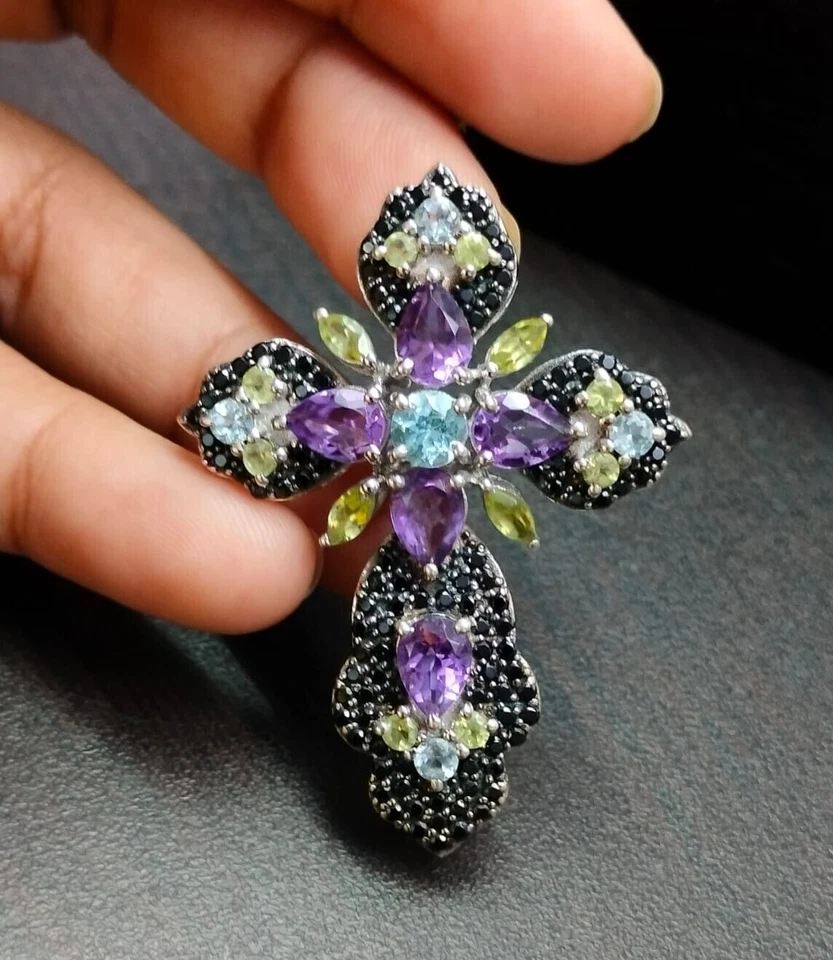 Gioielli con ciondolo CROCE in argento sterling topazio blu ametista nero... - Immagine 2 di 4