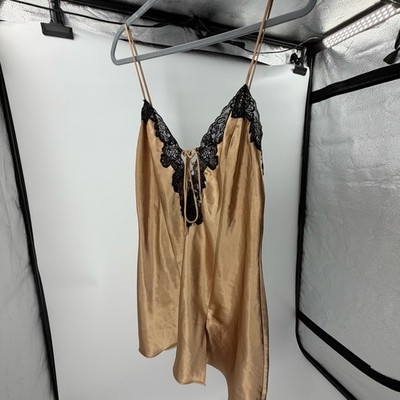Fredericks of Hollywood Gold Satin Lace Trim Chemise Nightgown Lace Up Gold