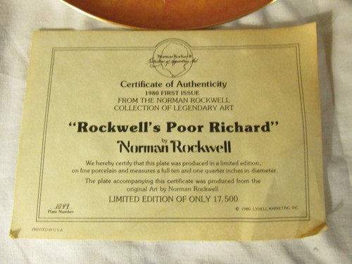 Norman Rockwell 'ROCKWELL'S POOR RICHARD' Collector Plate 1st Ltd. Edt. COA - Picture 3 of 5