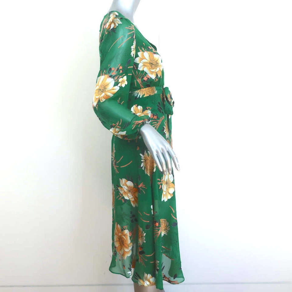 Alice + Olivia Coco Midi Dress Green Floral Print Fil Coupe Chiffon Size 2 - Image 3 of 4