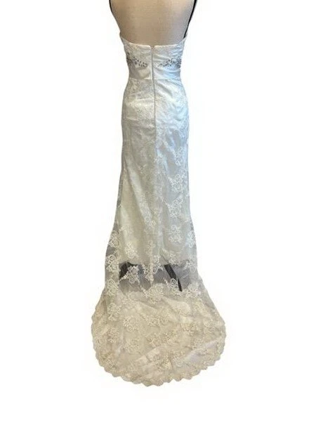 Vestido de novia blanco sin tirantes bordado con cuentas lentejuelas superpuesto de encaje talla 6 $525 Foto 2 de 3
