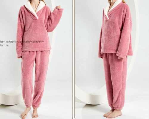 Neu Damen Flauschig Pyjama Set Weich Bequem Fleece Nachtwäsche Winter Flauschig Loungewear - Bild 21 von 28