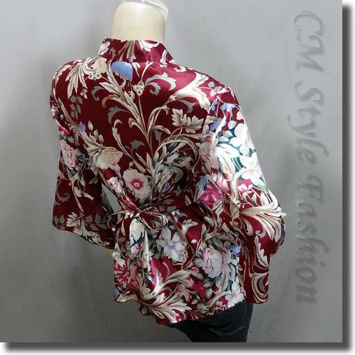 Blusa japonesa quimono floral cetim sedoso borgonha P/M/L/XL/2XL/3XL - Imagem 4 de 4