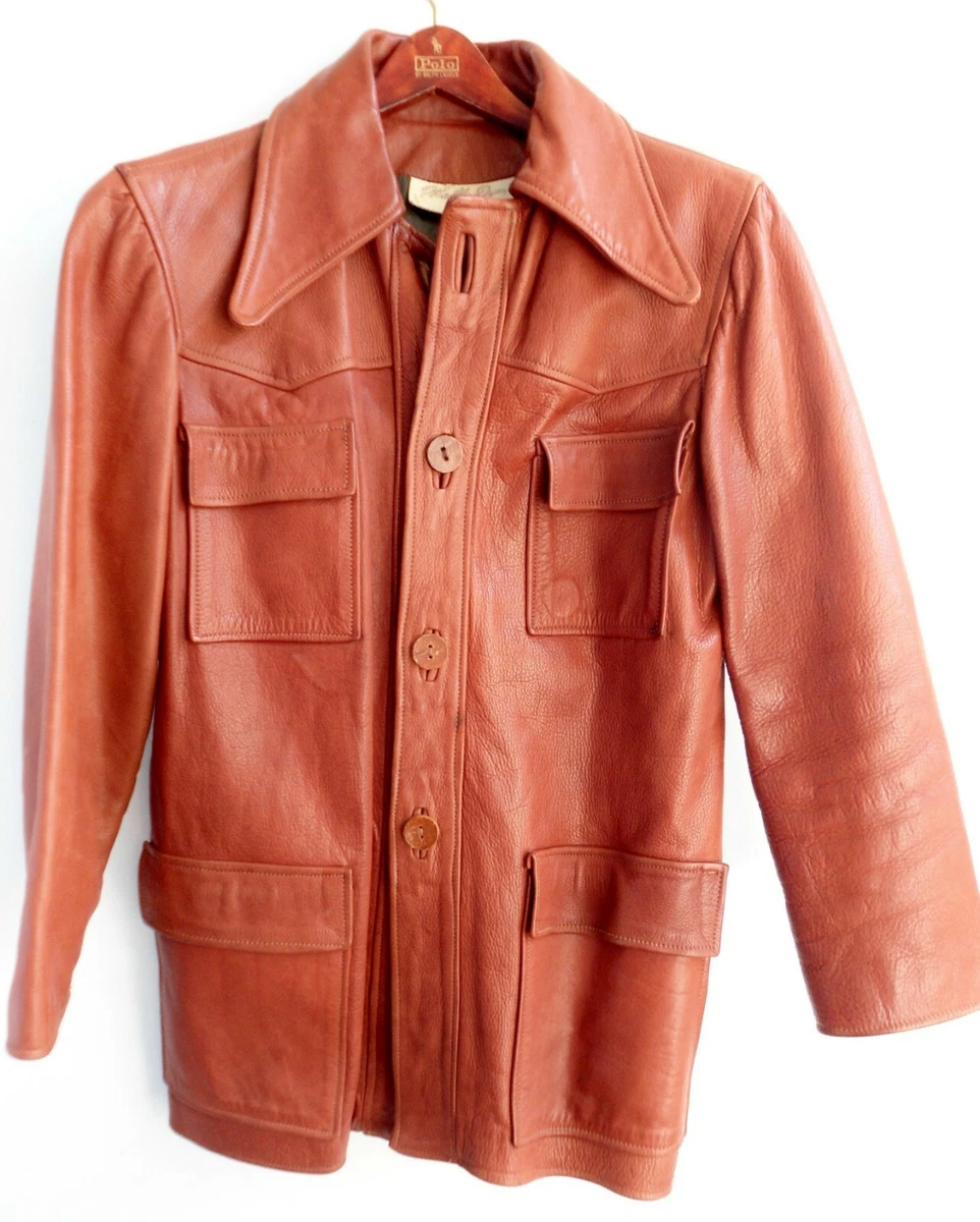 Vintage 70s Walter Dyer Brown Leather Jacket Leather Buttons Size 36 Small Men's