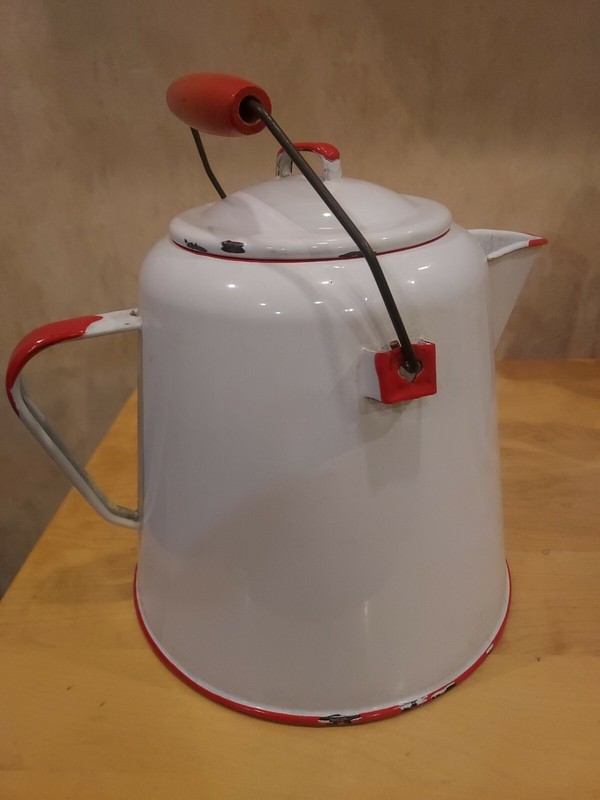 Red and White Enamel Cowboy Coffee Pot Enamelware Vintage Charm