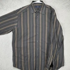 Ermenegildo Zegna Sport Button Up Shirt Mens XL Navy Tan Vertical Stripe Casual